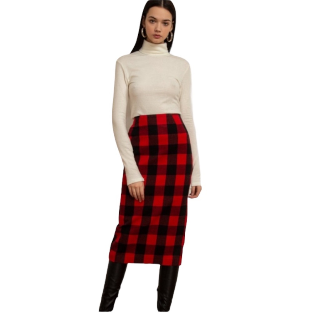 Vintage Diversity Red Plaid Pencil Midi Skirt Holiday Party 10P Medium 453-0093